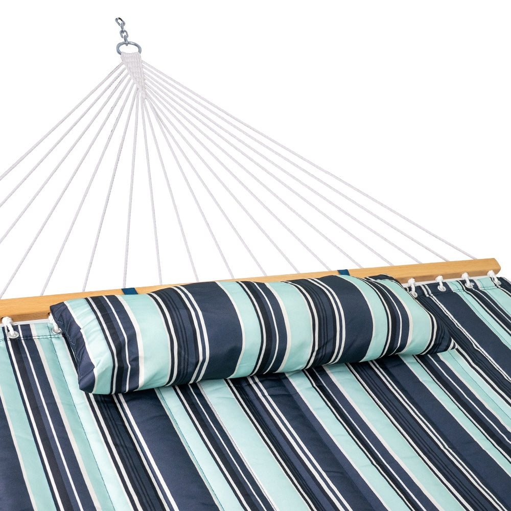 Close-up of the comfort fabric on the Lazy Daze Large Double Stripes Quilted Hammock in Aqua Navy.#color_aqua-navy