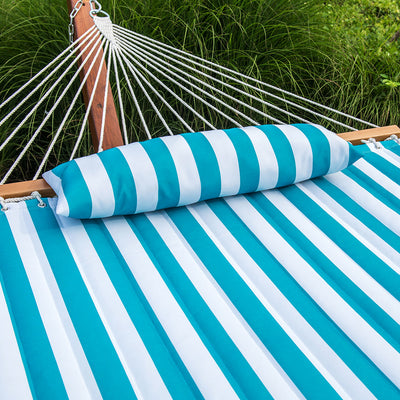 Soft and durable comfort fabric on the Aqua White Stripes Lazy Daze Quilted Hammock.#color_aqua-white-stripes