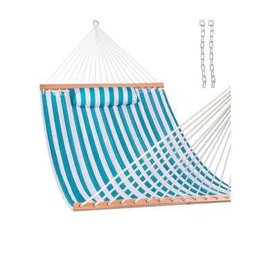 Lazy Daze Large Double Stripes Quilted Hammock in Aqua White Stripes, white background.#color_aqua-white-stripes