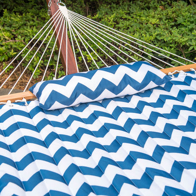 Soft comfort fabric and detachable pillow of the Lazy Daze Large Double Quilted Hammock for relaxation.#color_blue-chevron