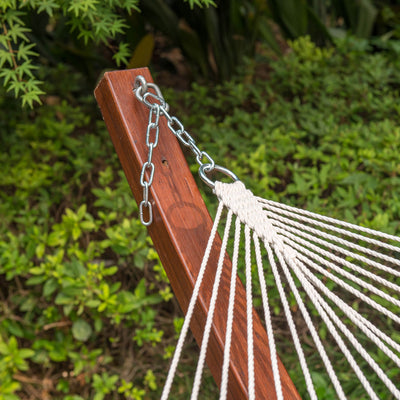 Close-up of the crafted rope knot on the Lazy Daze Large Double Quilted Hammock, designed for durability.#color_blue-chevron