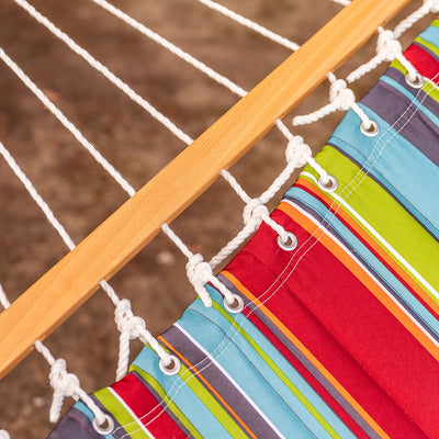 Durable hardwood spreader bar of the Lazy Daze Large Double Stripes Quilted Hammock in Blue Red design.#color_blue-red