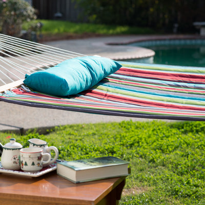 Soft comfort fabric and detachable pillow of the Lazy Daze Large Double Stripes Quilted Hammock in Blue Red.#color_blue-red