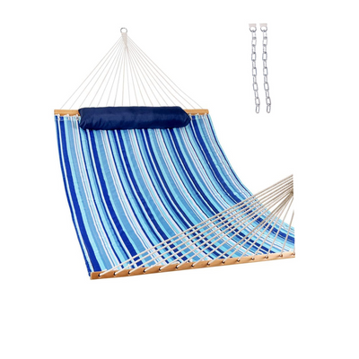 Lazy Daze Large Double Stripes Quilted Hammock in Blue Stripes, white background.#color_blue-stripes