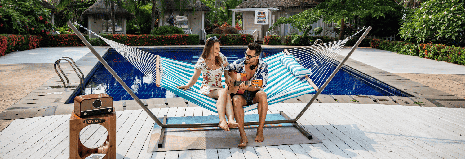 Lazy Daze Large Double Stripes Quilted Hammock in a relaxing outdoor setting.