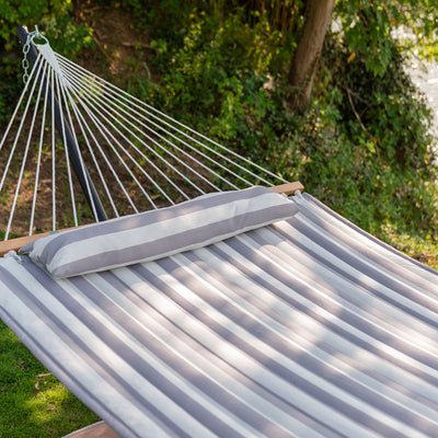 Soft fabric and removable pillow on the Lazy Daze Large Double Stripes Hammock in Gray White.#color_gray-white-stripes