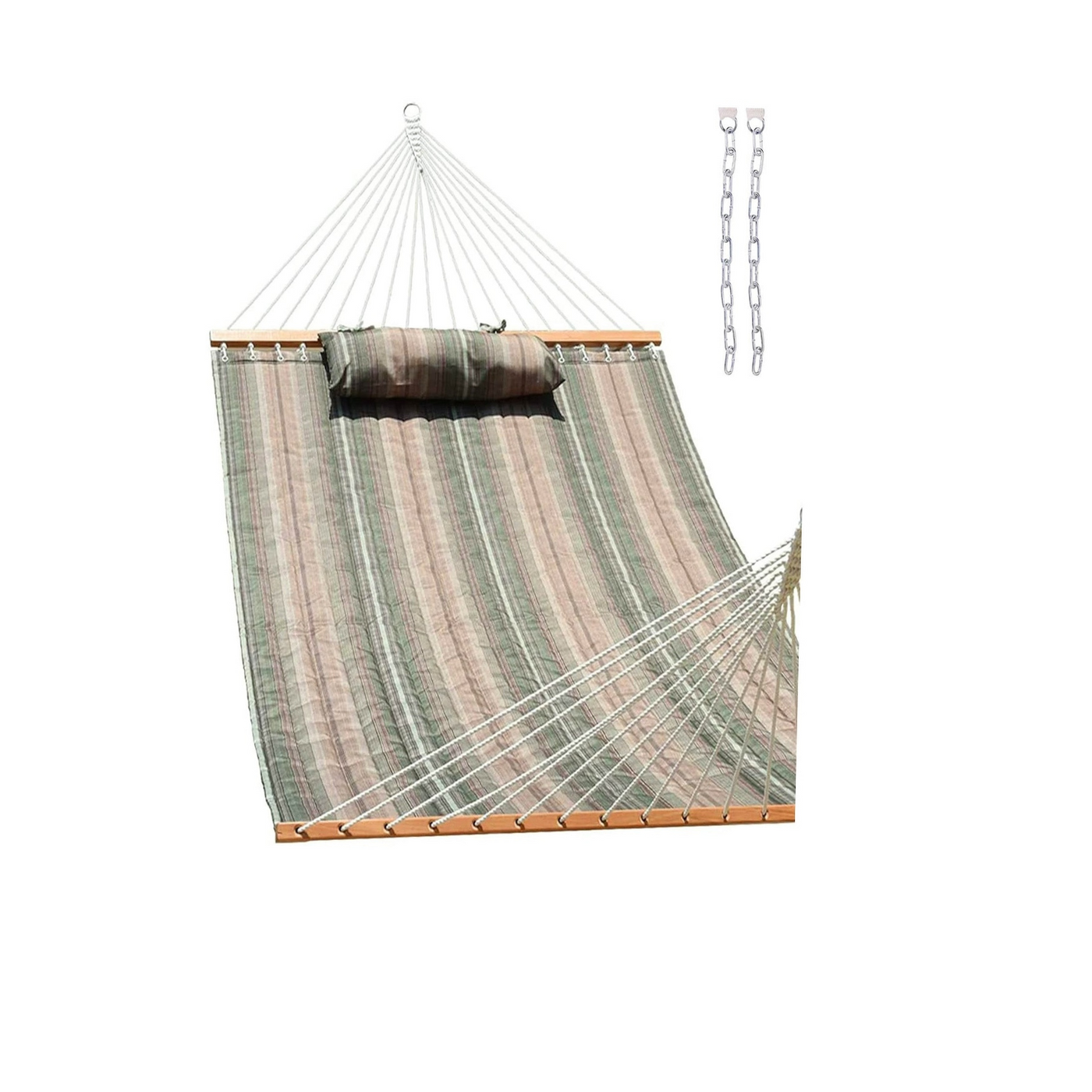 Lazy Daze Large Double Stripes Quilted Hammock in Green Brown Stripes on a white background.#color_green-brown-stripes