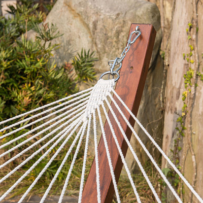 Strong and stylish rope knot detail of the Lazy Daze Large Double Stripes Quilted Hammock.#color_green-brown-stripes