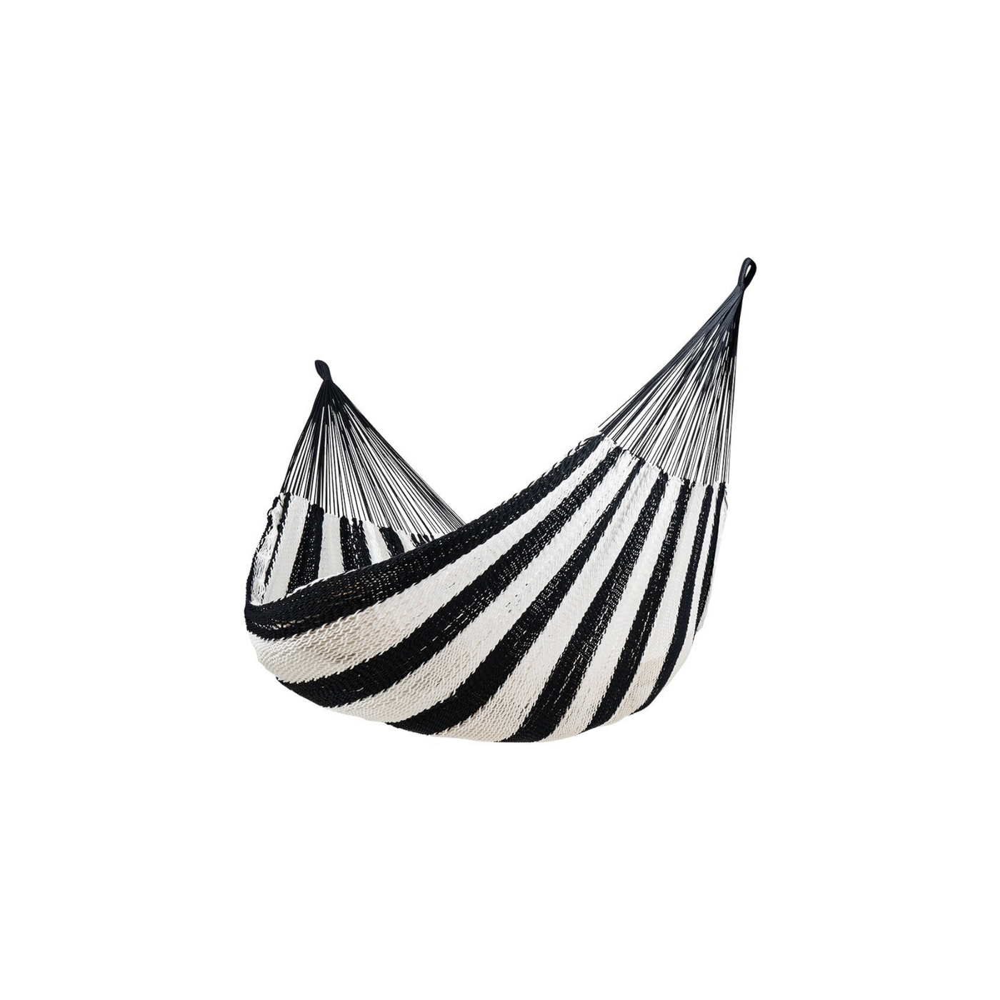 Black and white striped Lazy Daze Mayan Family Hammock on a white background.#color_black-and-white-stripes