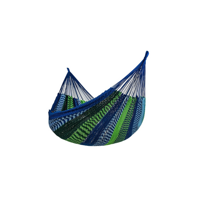 Lazy Daze Mayan Family Hammock in blue and green stripes on a white background.#color_blue-and-green-stripes