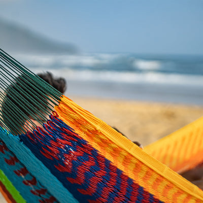 Soft and breathable comfort fabric of the Lazy Daze Mayan Family Hammock in rainbow.#color_rainbow