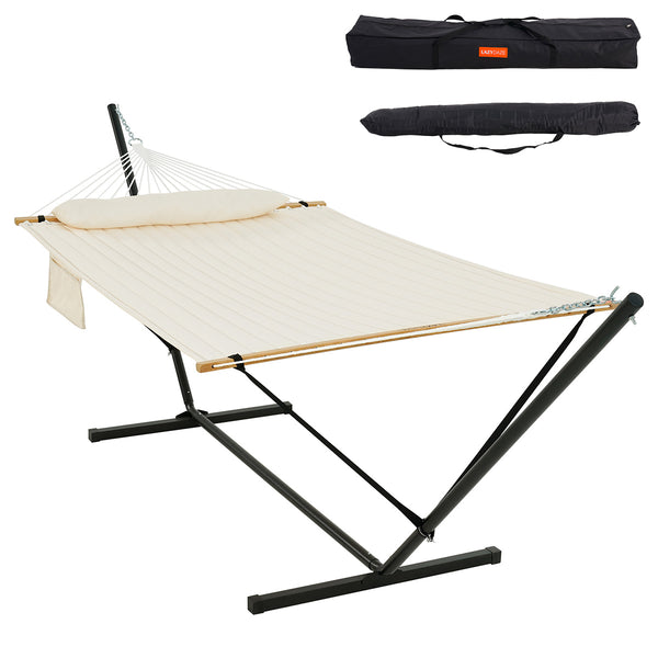 Lazy Daze deluxe quilted fabric hammock combo with stand, white bg.#color_beige