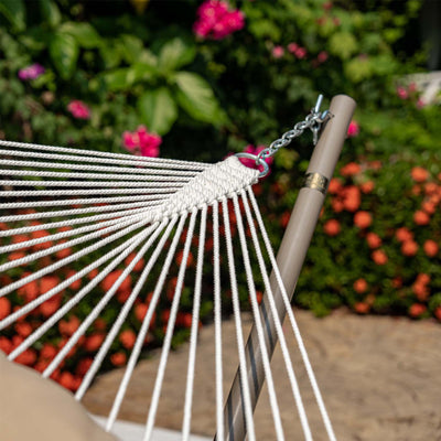 Lazy Daze rope hammock without cushion featuring a durable crafted rope knot.#color_tan-pillow