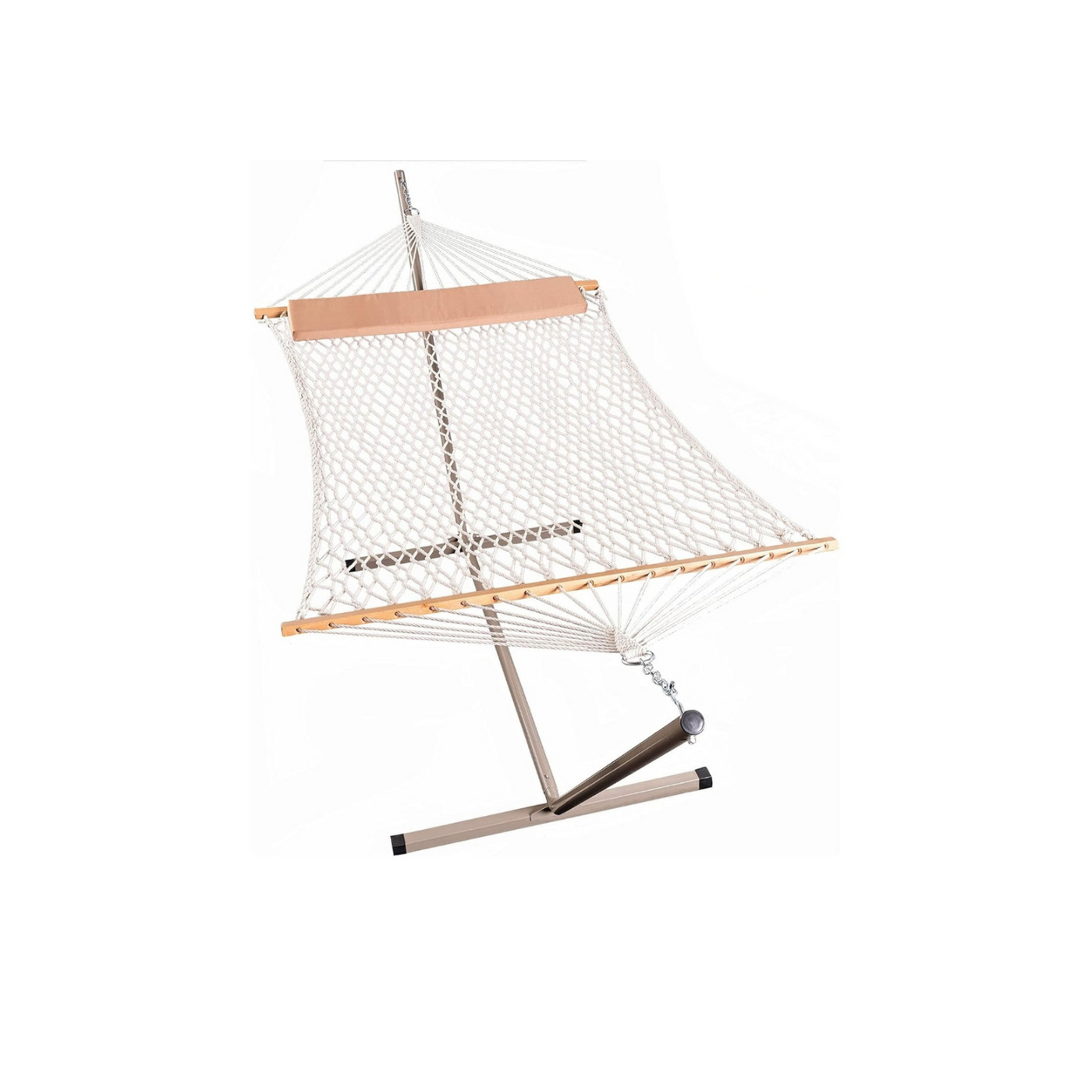 Lazy Daze rope hammock combo without cushion, sturdy stand, white background.#color_tan-pillow