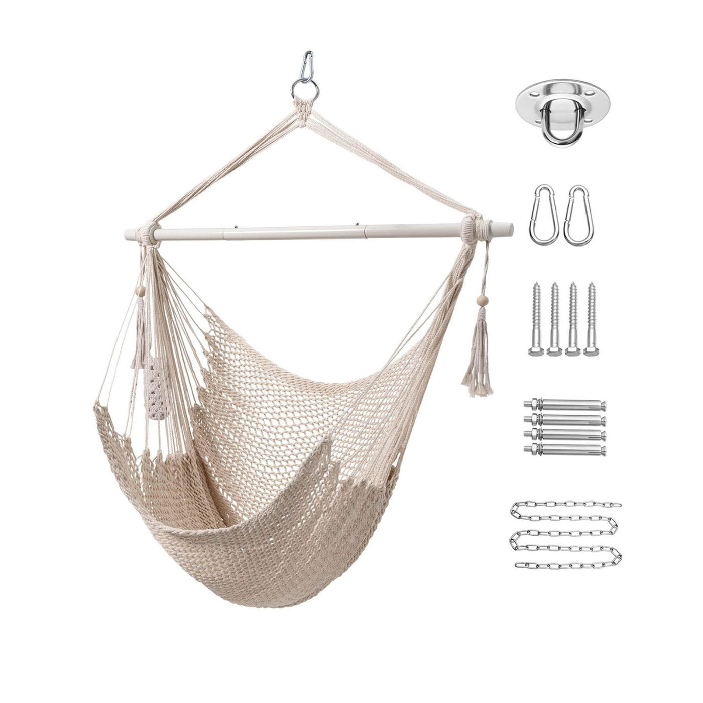 Lazy Daze beige rope swing chair, perfect for relaxation and comfort.#color_beige