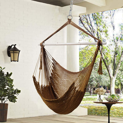 Lazy Daze tan rope swing chair hanging indoors for cozy relaxation.#color_tan