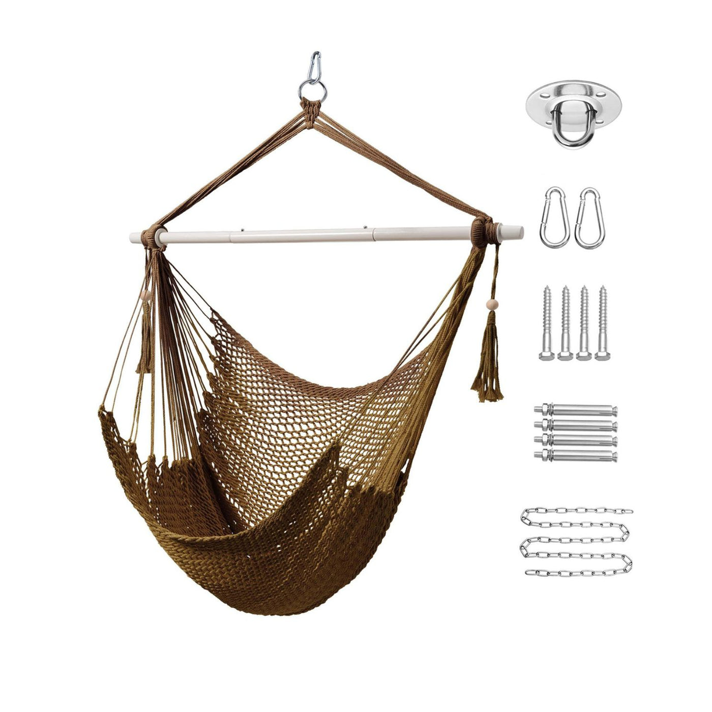 Lazy Daze tan rope swing chair, ideal for ultimate relaxation.#color_tan