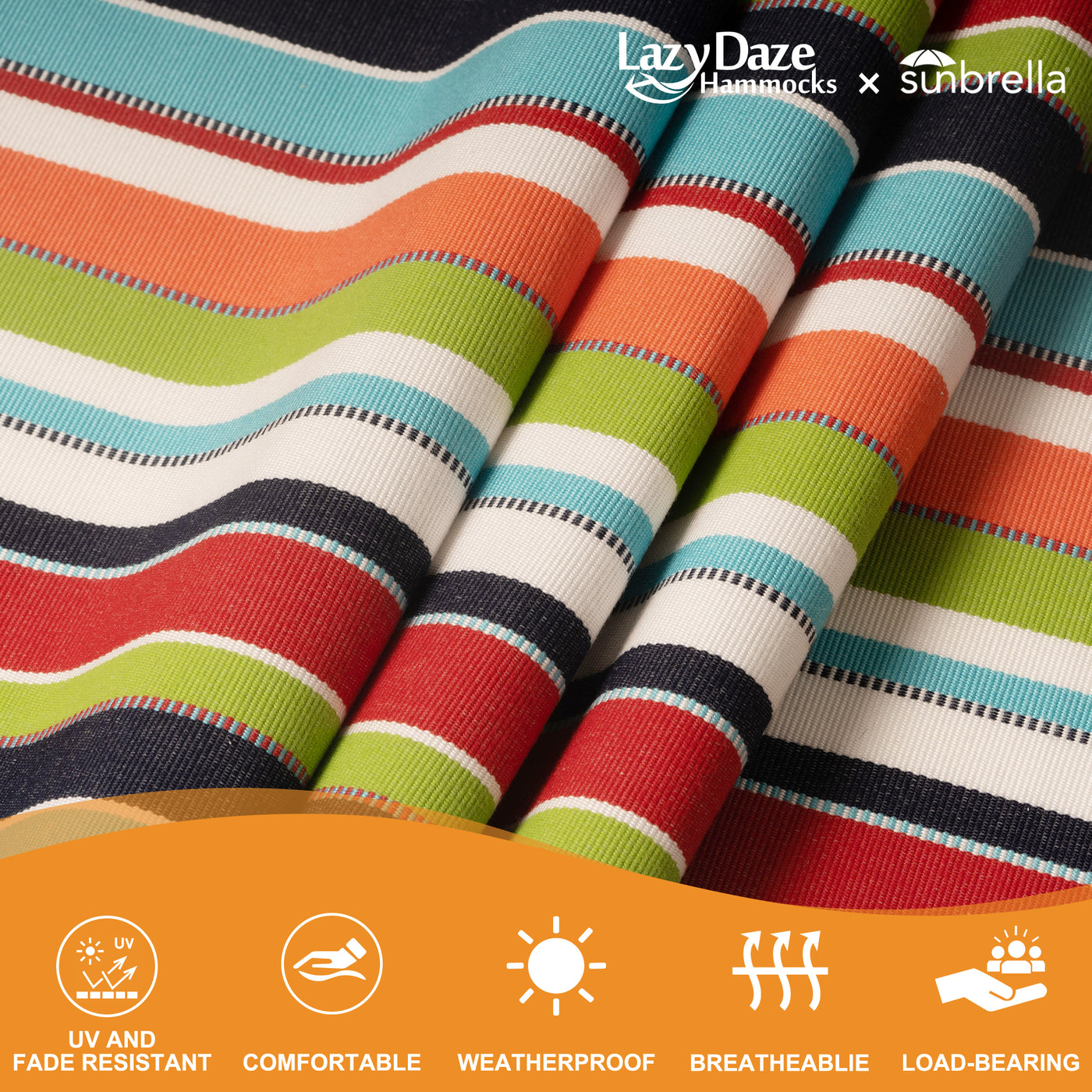 Close-up of the comfort Sunbrella fabric on the Lazy Daze Sunbrella Double Quilted Hammock.#color_carousel-confetti