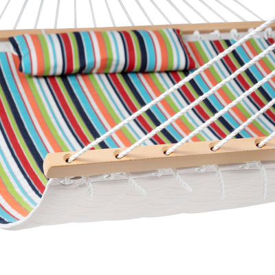 Close-up of the crafted rope knot on the Lazy Daze Sunbrella Double Quilted Hammock.#color_carousel-confetti