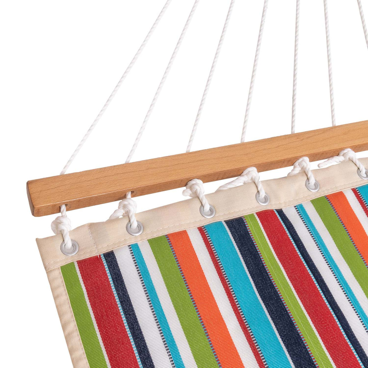 Detailed view of the hardwood spreader bar on the Lazy Daze Sunbrella Double Quilted Hammock.#color_carousel-confetti