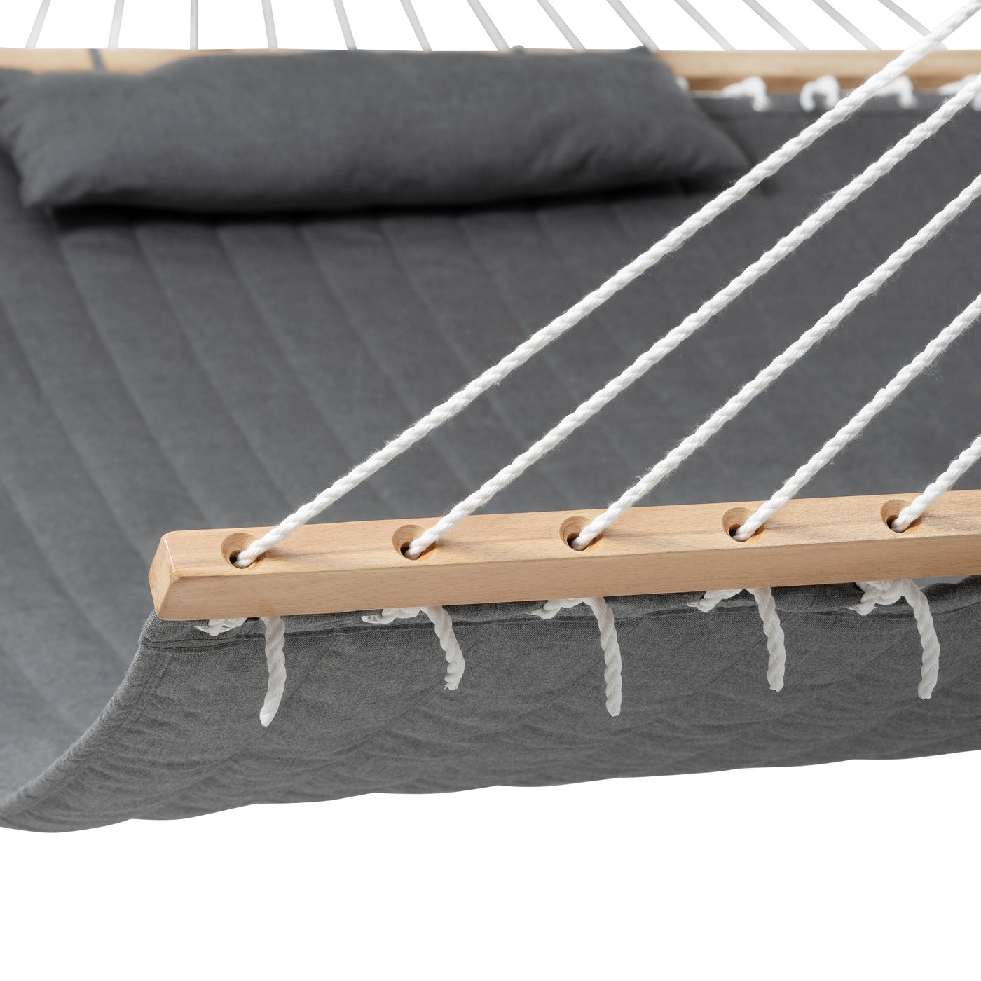 A close-up of the hardwood spreader bar on the Lazy Daze Sunbrella Double Quilted Hammock in Gray.#color_gray