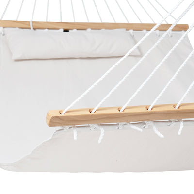 Close-up of the crafted rope knot and spreader bar on Lazy Daze Sunbrella Single-layer Hammock in Cream.#color_cream