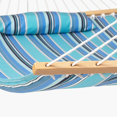 Detailed view of the hardwood spreader bar on Lazy Daze Sunbrella Single-layer Hammock.#color_gateway-mist