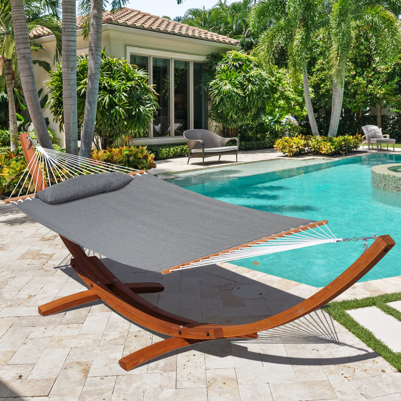 Lazy Daze Sunbrella Single-layer Hammock in Gray, set beside a pool, offering the perfect spot for relaxation.#color_gray