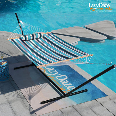 Lazy Daze Sunbrella Single-layer Hammock in Token Surfside resting beside the pool in the backyard.#color_token-surfside