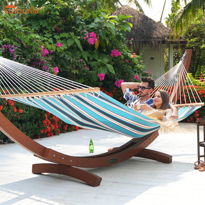 Lazy Daze Sunbrella hammock with stand, enjoy comfort and leisure outdoors.#color_token-surfside