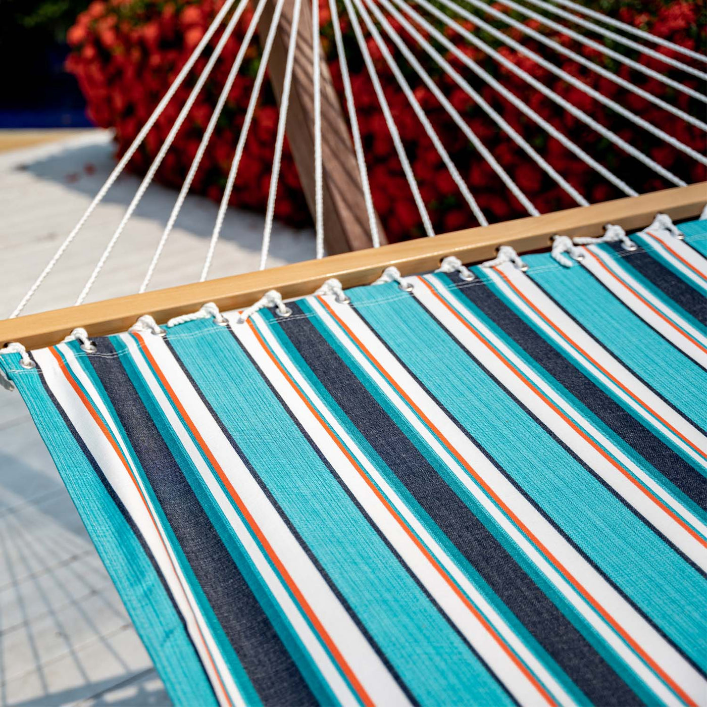 Soft and durable Sunbrella fabric on the Lazy Daze Single-layer Hammock in Token Surfside color.#color_token-surfside