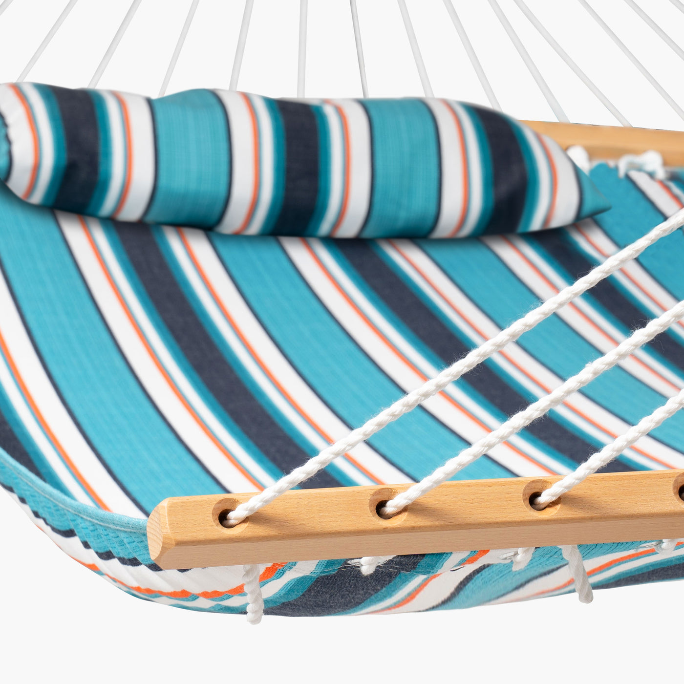 Close-up of the hardwood spreader bar on the Lazy Daze Sunbrella Single-layer Hammock in Token Surfside.#color_token-surfside