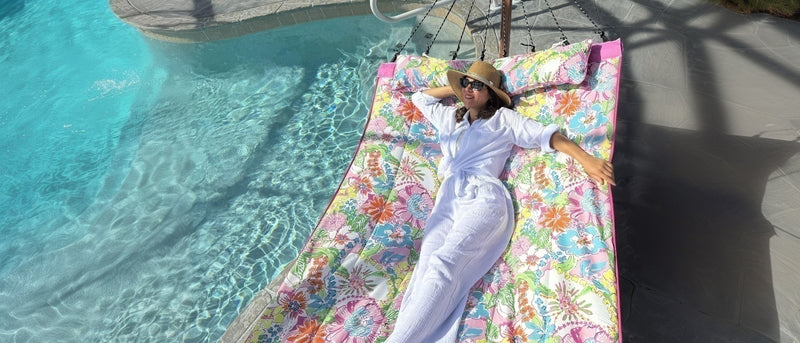 quilted hammock with wooden stand