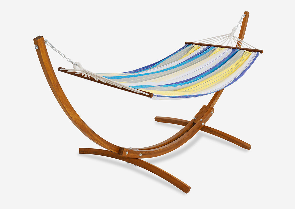 Hot point picture: Colorful striped hammock on a wooden stand against a white background