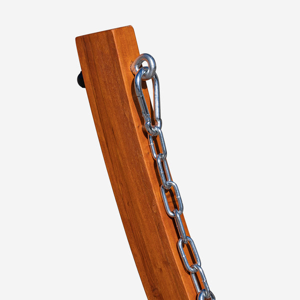 Detailed picture: Wooden swing seat with metal chain on a white background