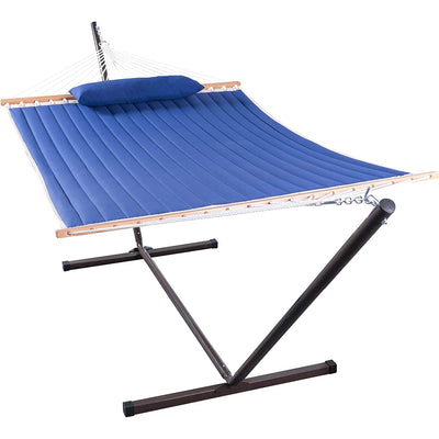 Deluxe Quilted Fabric Hammock with Steel Hammock Stand and Pillow Combo