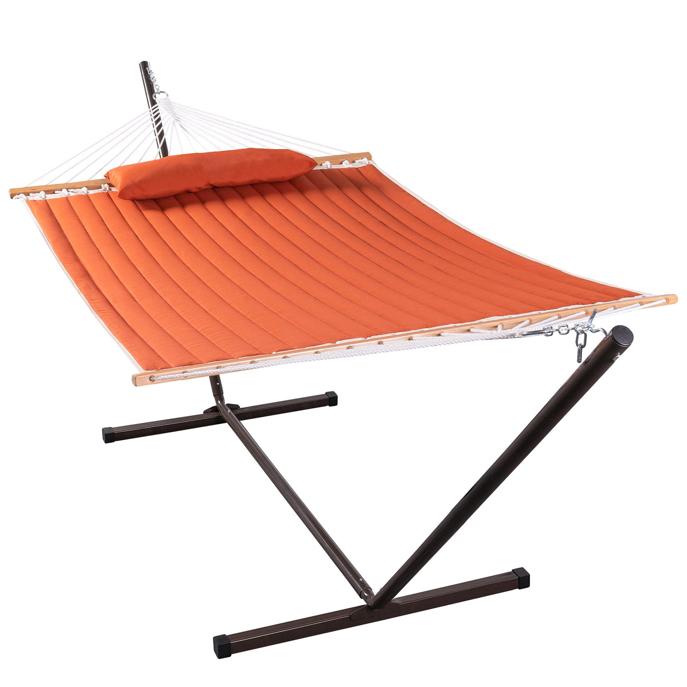 Deluxe Quilted Fabric Hammock with Steel Hammock Stand and Pillow Combo#color_orange