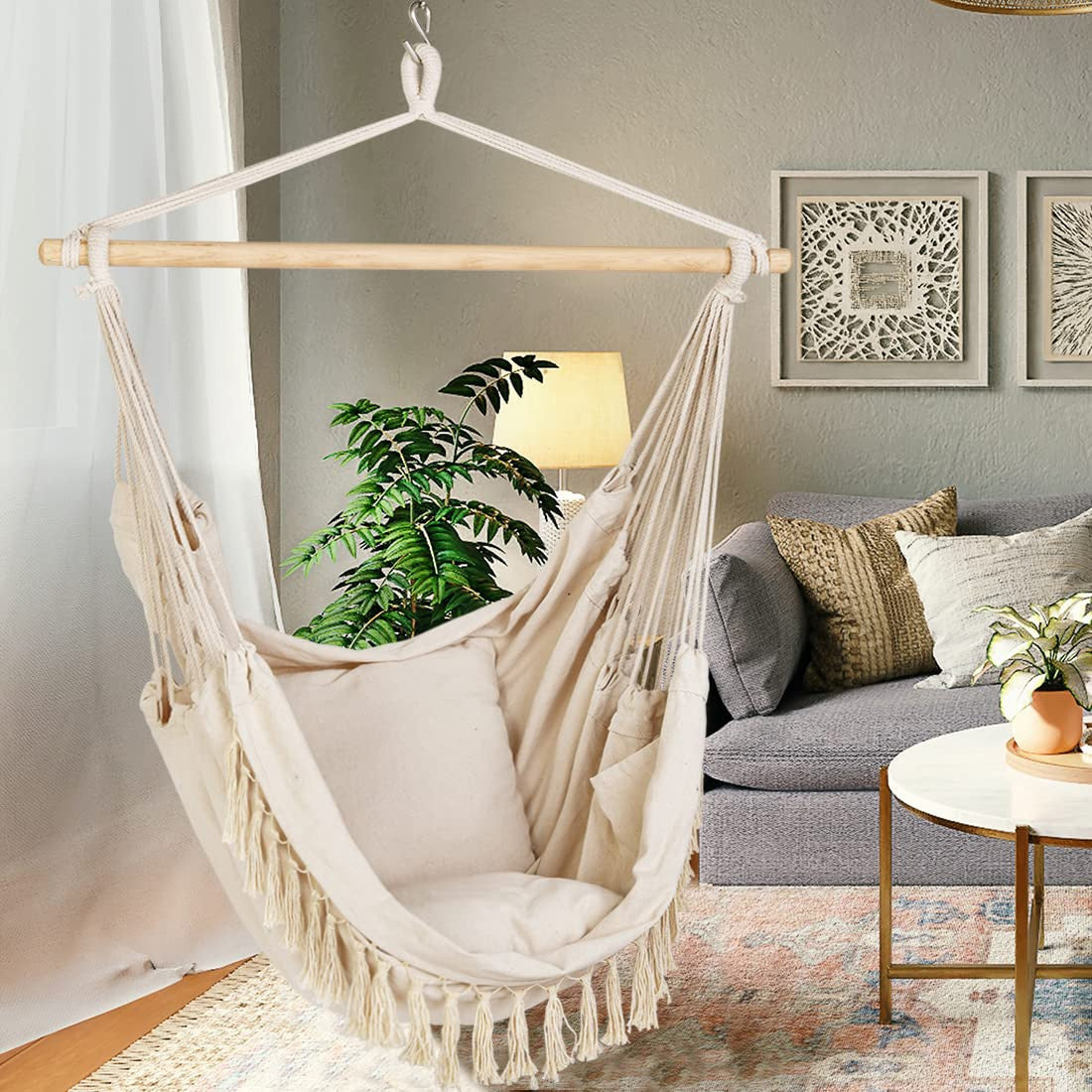 Lazy Daze Cotton Hammock Chair With Pillows#color_beige