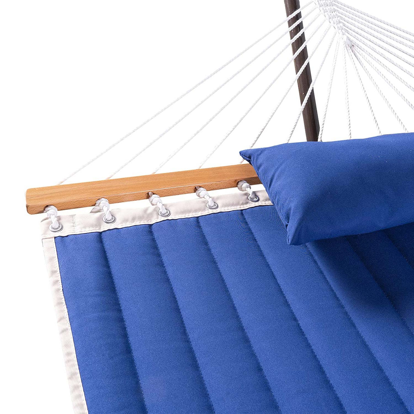 Deluxe Quilted Fabric Hammock with Steel Hammock Stand and Pillow Combo#color_navy-blue