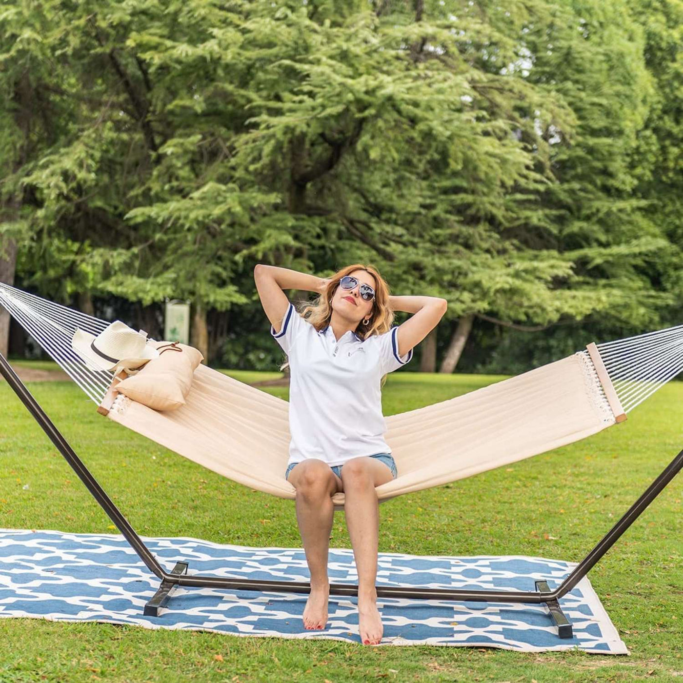 Deluxe Quilted Fabric Hammock with Steel Hammock Stand and Pillow ← Lazy  Daze Hammocks