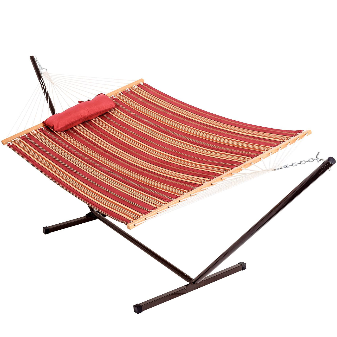 Deluxe Quilted Fabric Hammock with Steel Hammock Stand and Pillow Combo#color_red-stripes