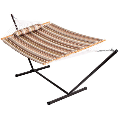 Deluxe Quilted Fabric Hammock with Steel Hammock Stand and Pillow Comb#color_taupe-stripes
