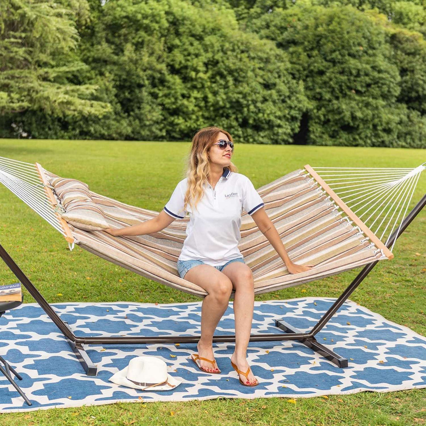 Deluxe Quilted Fabric Hammock with Steel Hammock Stand and Pillow Comb#color_taupe-stripes