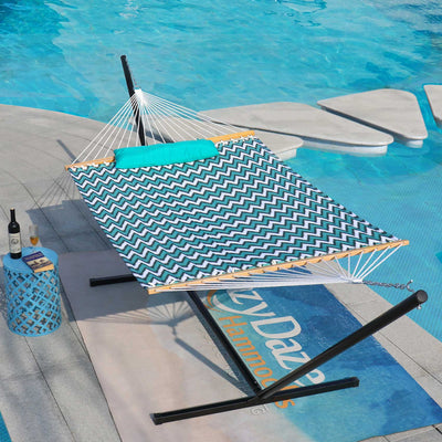 Large Double Quilted Hammock with Detachable Pillow#color_aqua-chevron