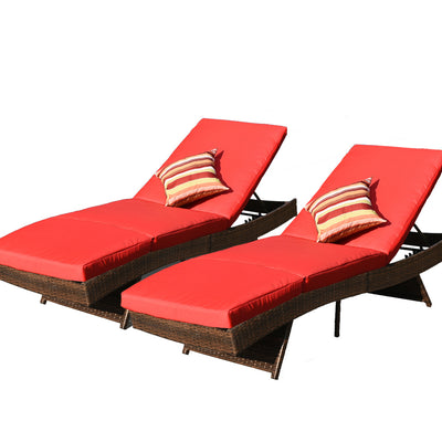 PE Rattan Chaise Lounge Set of 2 With Cushions & Pillows#color_red