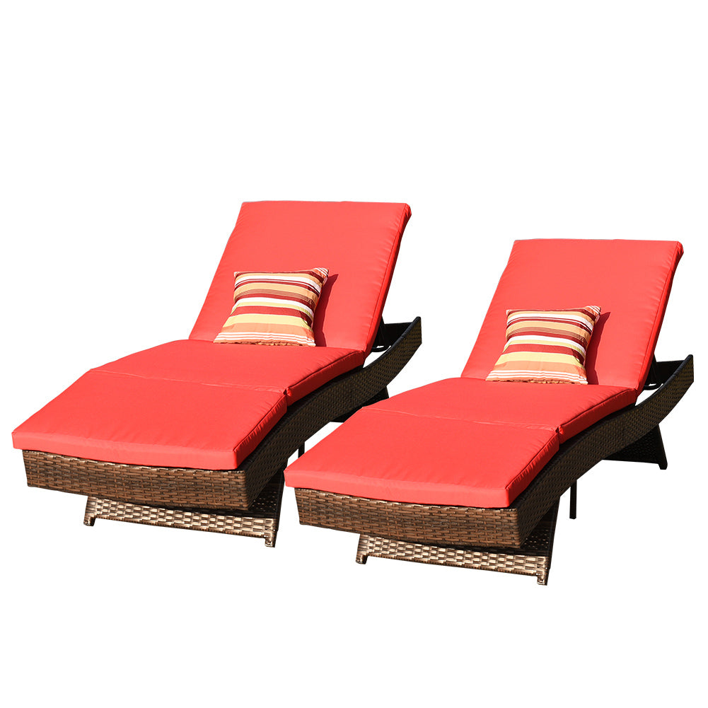 PE Rattan Chaise Lounge Set of 2 With Cushions & Pillows#color_red