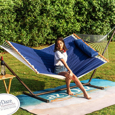 Lazy Daze Deluxe Quilted Fabric Hammock Combo in a cozy backyard setting.#color_blue