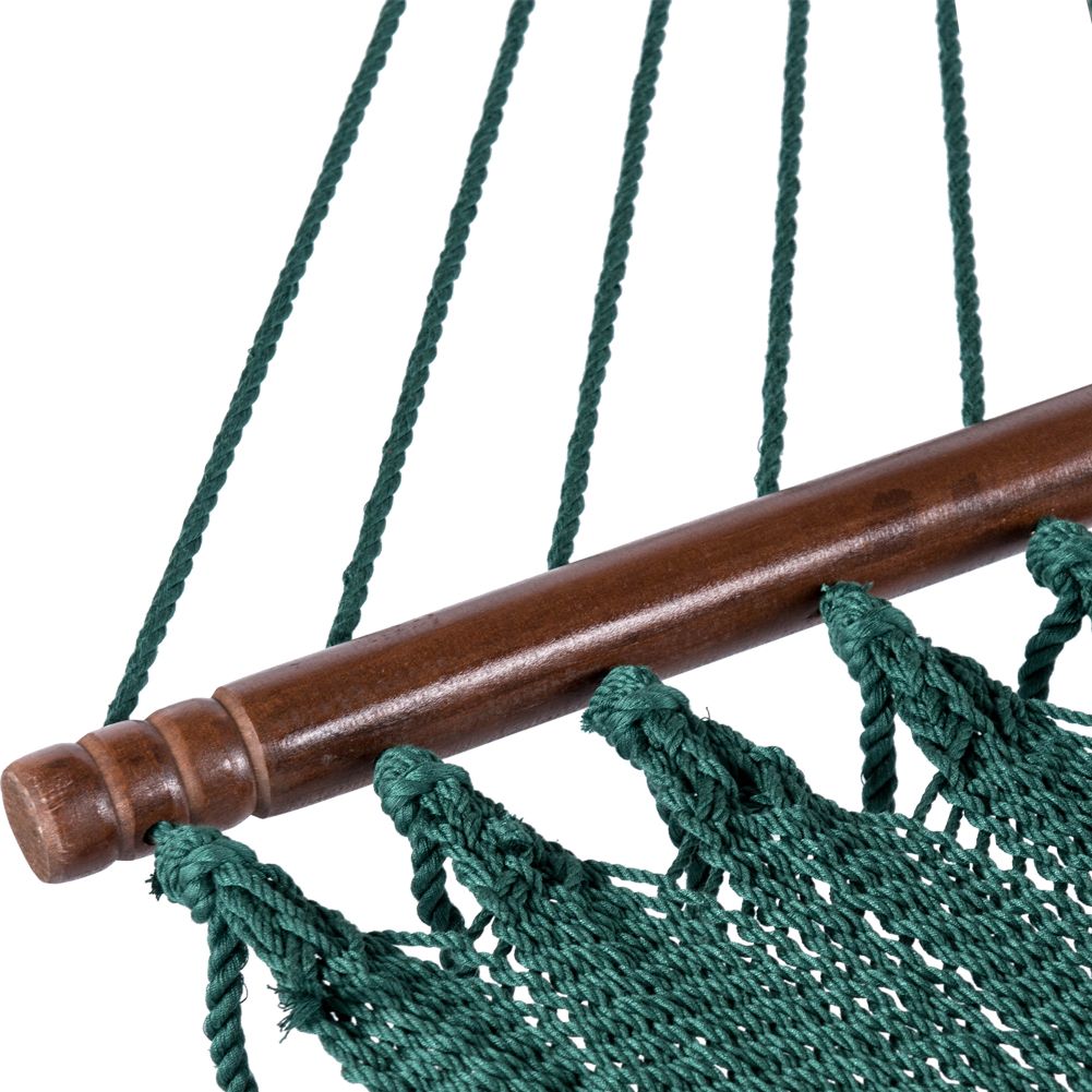 Close-up of the hardwood spreader bar on the Lazy Daze Double Caribbean Rope Hammock in Green.#color_green