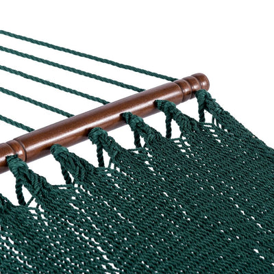 Close-up of the hardwood spreader bar on the Lazy Daze Double Caribbean Rope Hammock in Green, highlighting its robust design and polished surface #color_green