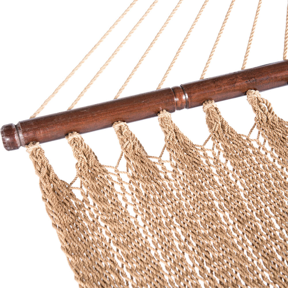 Close-up of the spreader bar on the Lazy Daze Caribbean Rope Hammock in Tan, highlighting its smooth finish.#color_tan